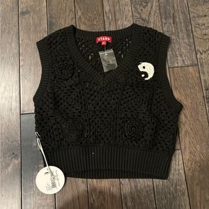 STAUD Black Crochet V-Neck Sweater
